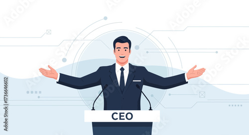 Confident CEO Presenting Business Strategy With Open Arms And Tech-Inspired Backdrop