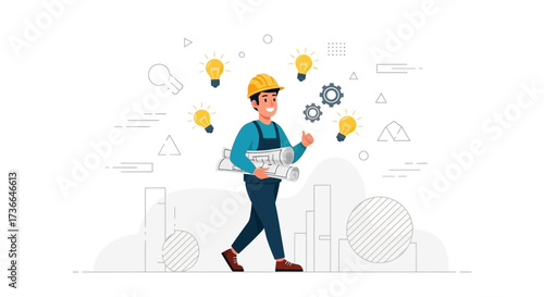 Creative Architect Walking With blue Prints And Ideas And Showing Success