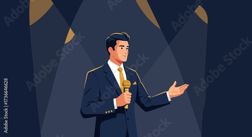Confident Man Speaking into Microphone on Stage under Spotlights for Presentation