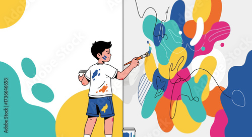 Creative artwork of a young boy painting a colorful abstract design on a wall
