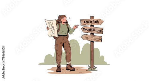 Confused hiker looking at a map, deciding which trail to take, forest path or mountain loop?