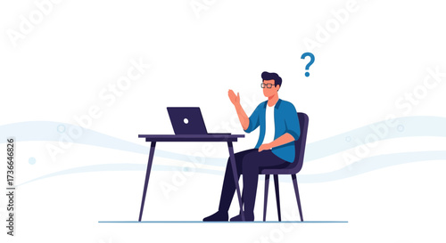 Confused Man Seated At Desk With Laptop And Question Mark Representing An Idea