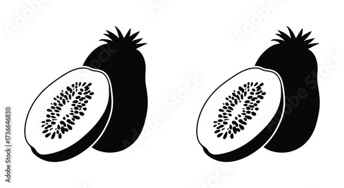 Black and white illustration featuring two kiwi fruits one halved