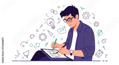 Creative designer working on a digital tablet with idea generation illustration