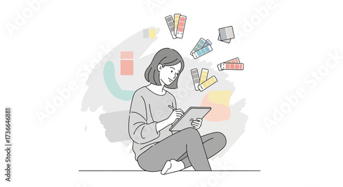 Creative designer working on tablet with color swatches in an abstract illustration style