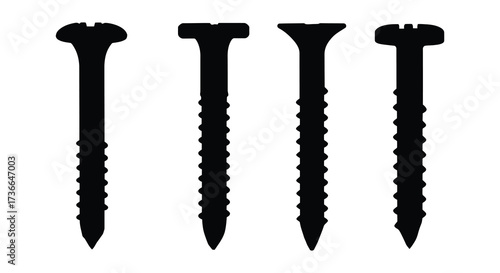 Four different black silhouettes of screws displayed in a single row