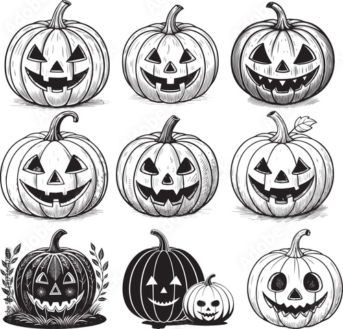 Set of three carved halloween pumpkins with jack-o'-lantern faces in full color, black silhouette, and line drawing style eps vector file.