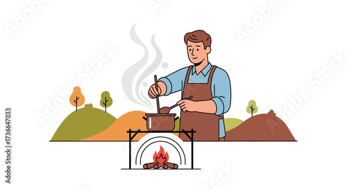 Cooking Outdoors: A Man Stirs A Pot Over An Open Fire Amongst Scenic Hills