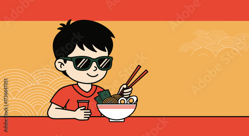 Cool Kid enjoying Ramen, Stylish Illustration Featuring Delicious Japanese Noodles Scene