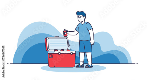 Cooler Enjoyment: A Relaxed Figure Reaching for Refreshment Beside a Red Cooler