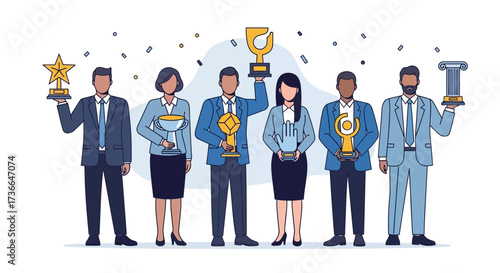 Corporate Achievers Celebrate Success Holding Trophies as Confetti Falls in Festivity