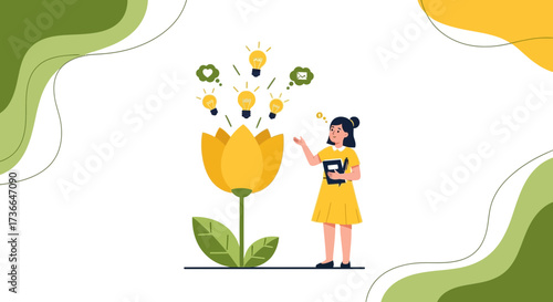 Creative Illustration Of Ideas Blooming From A Flower With A Young Woman