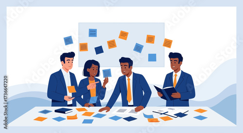 Corporate Team Discussing Ideas With Sticky Notes in Collaborative Office Session
