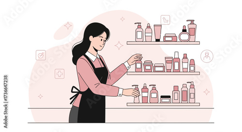 Cosmetics Display: A Woman Arranging Beauty Products on Shelves in a Shop