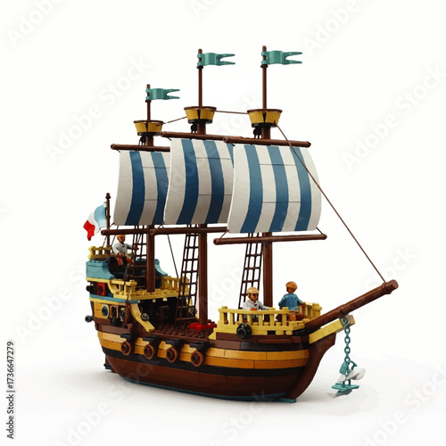 Detailed illustration of a colorful toy ship with sails and rigging on a white background