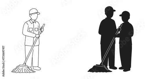 Simple black and white illustration of three people with brooms
