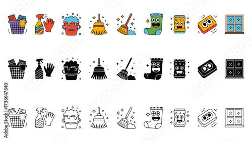 Cleaning Icon Set – Full Color, Black and White, and Outline Styles of Laundry, Mop, Broom, Spray Bottle, Sponge, Gloves, Bucket, Window for Home Care Design