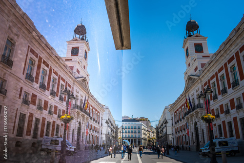 Reflection of the Puerta del Sol Building (Madrid, Spain)