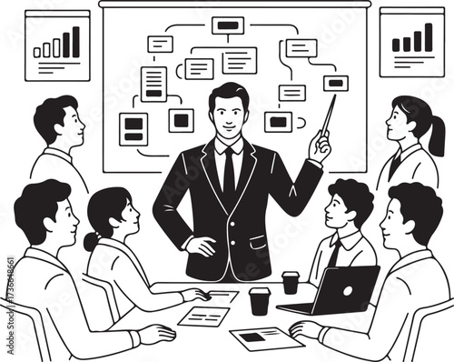 Manager Strategy Outline Icons Whiteboard, Laptop, Presentation, Graph, Team, Pointer, and Business Planning Essentials