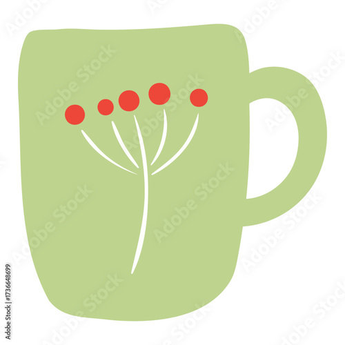 Ceramic mug with red berries print isolated on transparent. Hand drawn flat vector illustration. Traditional holiday, Christmas, New Year, seasonal design element, clip art. Serving hot drinks