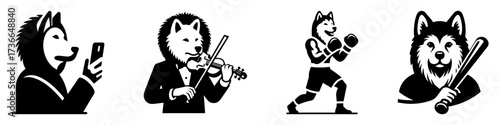 Modern Minimalist American Eskimo Dog-Headed Man with Headphones Icon, Flat Silhouette of a Music Lover Character Vector for Entertainment Illustration Design