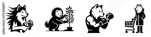 Modern Minimalist American Eskimo Dog-Headed Man with Shopping Cart Icon, Flat Silhouette of a Market Character Vector for Lifestyle Illustration Design