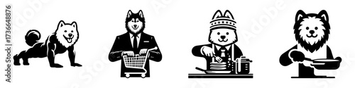 Modern Minimalist American Eskimo Dog-Headed Man Doing Push Up Icon, Flat Silhouette of a Fitness Character Vector for Workout Illustration Design