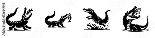 Modern Minimalist Alligator Icon, Flat Silhouette of an Alligator Catching a Fish Vector for Wildlife Illustration Design
