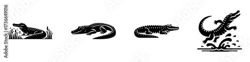 Modern Minimalist Alligator Icon, Flat Silhouette of a Full Body Jumping into Water Vector for Wildlife Illustration Design