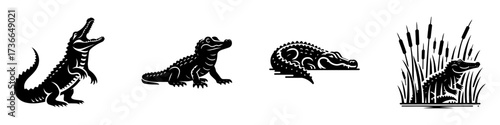 Modern Minimalist Alligator Icon, Flat Silhouette of an Alligator in Grass Vector for Wildlife Illustration Design