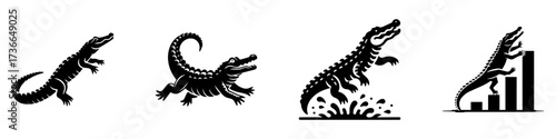 Modern Minimalist Alligator Icon, Flat Silhouette of a Full Body Climbing a Riverbank Vector for Wildlife Illustration Design