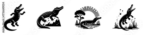 Modern Minimalist Alligator Icon, Flat Silhouette of an Alligator Resting and Sunbathing Vector for Wildlife Illustration Design