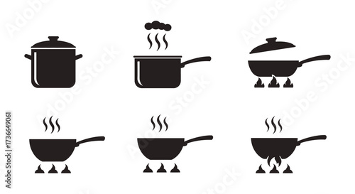 Various black cookware icons depicting pots and pans with heat sources
