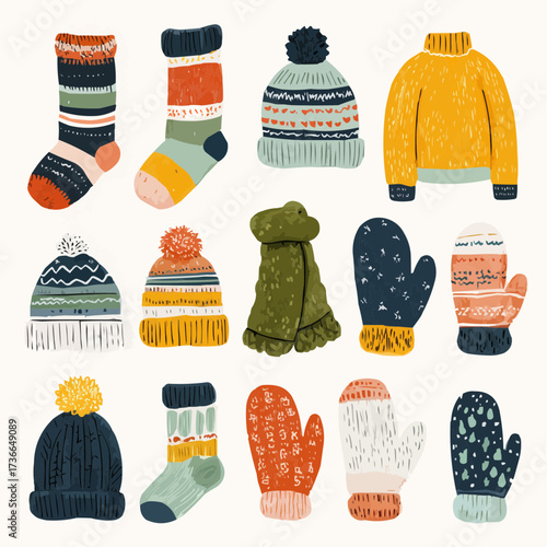 Collection of Christmas knitwear elements on white background
