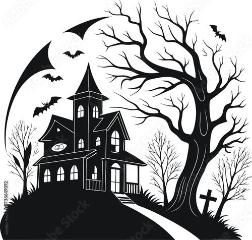 Haunted house silhouette with witch bats and howling wolf halloween halloween home silhouette black vector