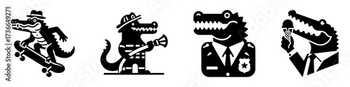 Modern Minimalist Alligator-Headed Man Icon, Flat Silhouette of a Skateboard Rider Vector for Sport Illustration Design