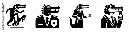 Modern Minimalist Alligator-Headed Man Icon, Flat Silhouette of a Soda Drinker Vector for Refreshment Illustration Design