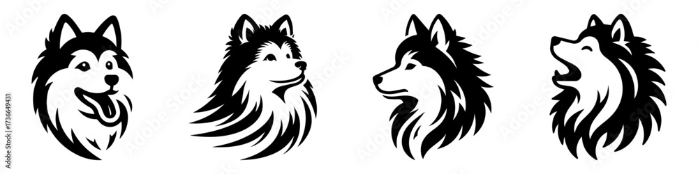Naklejka premium Modern Minimalist American Eskimo Dog Head Icon, Flat Silhouette of a Fluffy Pet Vector for Pet Portrait Illustration Design