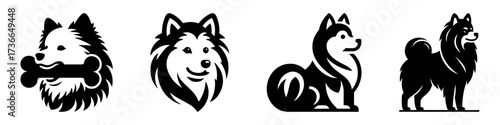 Modern Minimalist American Eskimo Dog Biting Bone Icon, Flat Silhouette of a Fluffy Pet Vector for Animal Illustration Design