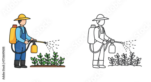 Farmer spraying crops with a backpack sprayer colored and outline versions