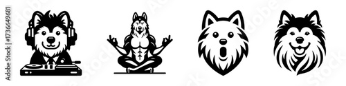 Modern Minimalist American Eskimo Dog Headed Man Meditating Icon, Flat Silhouette of a Fluffy Hybrid Vector for Yoga Illustration Design