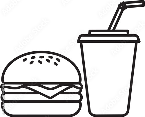 Burger and Soda Vector Icon – Fast Food Meal Silhouette.