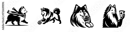 Modern Minimalist American Eskimo Dog Wearing Suit and Scarf Icon, Flat Silhouette of a Fluffy Pet Vector for Fashion Illustration Design