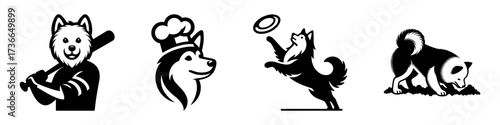 Modern Minimalist American Eskimo Dog playing Silicone Frisbee Dog ToysIcon, Flat Silhouette of a Fluffy Pet Playing Frisbee Vector for Outdoor Illustration Design