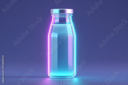 Shimmering milk bottle illuminated with neon blue and pink hues,