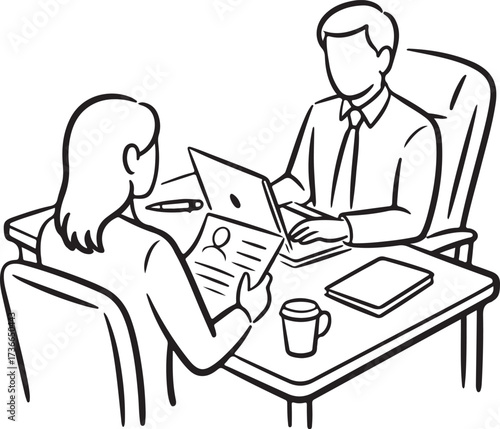 Recruitment Meeting Outline Icons HR Manager, Candidate, Desk, Laptop, Resume, Pen, Coffee Cup, and Office Essentials