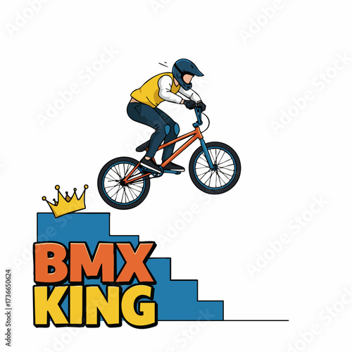 Cartoon Style Detailed BMX King Illustration with Stairs and Crown Design