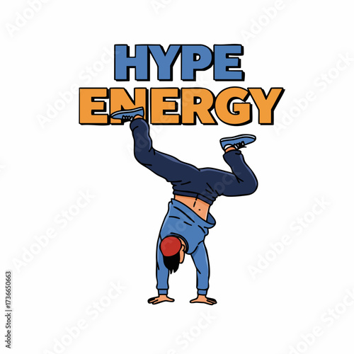 Modern Flat Illustration Athlete Performing Handstand with Hype Energy Text