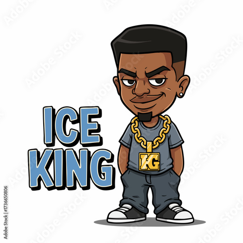 Cartoon Style Detailed Rapper Character Illustration with Gold Chain and Text