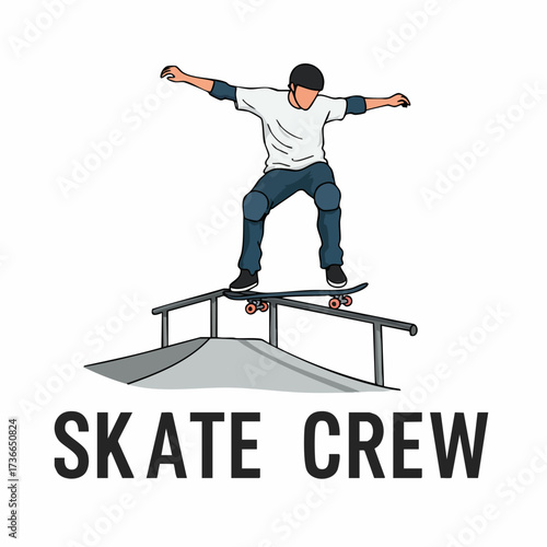 Flat Style Isolated Skateboarder Grinding Rail Illustration On White Background